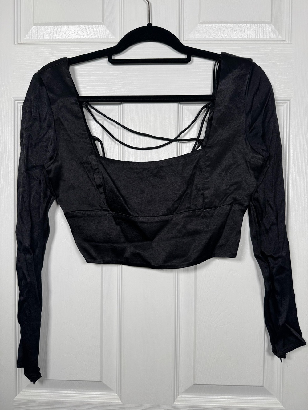 Zara Black Satin Lace Up Open Back Crop Top Long Sleeve Size Medium